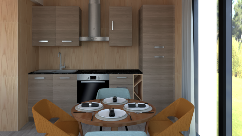 Intérieur du studio, avec la cuisine équipée visible 