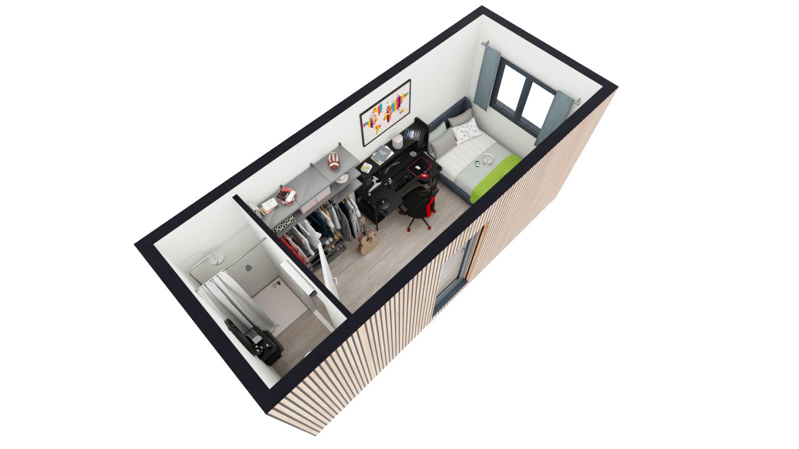Espace indépendant avec bureau, chambre et salle d'eau