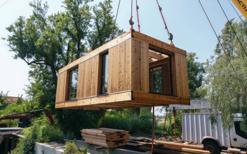 Transport d'une construction modulaire par camion grue