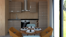 Intérieur du studio, avec la cuisine équipée visible 
