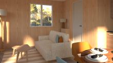 Intérieur du studio avec un espace salon confortable